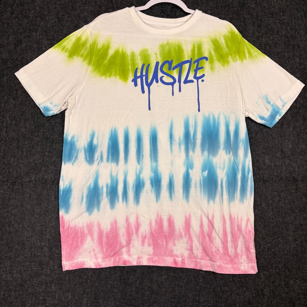 Blackjack Hustle Tie Dye T Shirt Mens Large White Neon Streetwear Graphic Tee
